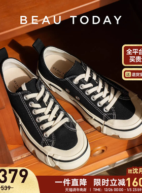 BeauToday蛋壳厚底帆布鞋女2025新款增高休闲鞋女运动鞋黑色板鞋