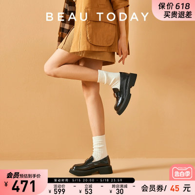 BeauToday粗跟牛皮乐福鞋