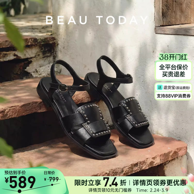 BeauToday罗马凉鞋女款2026新款春季平底一字带凉鞋黑色真皮凉鞋