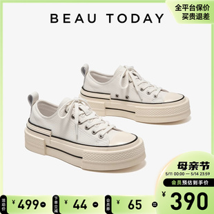 板鞋 BeauToday皮面厚底帆布鞋 女增高小白鞋 运动休闲鞋 松糕鞋 女鞋