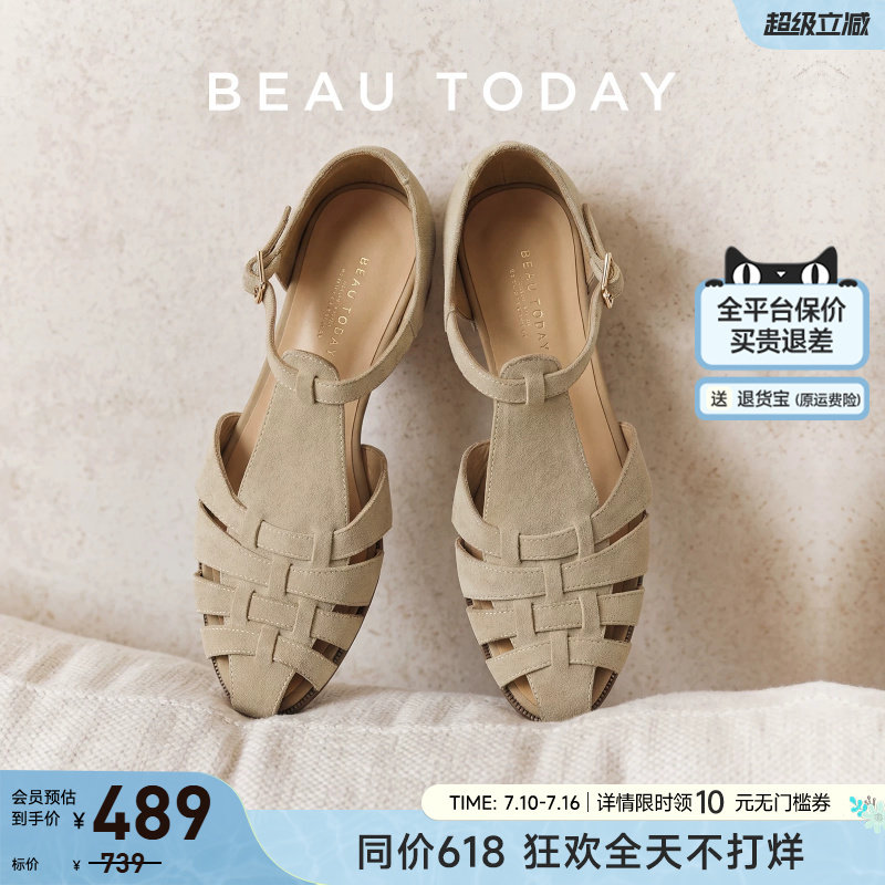 BeauToday罗马凉鞋女2026新款夏季编织镂空粗跟凉鞋真皮包头凉鞋