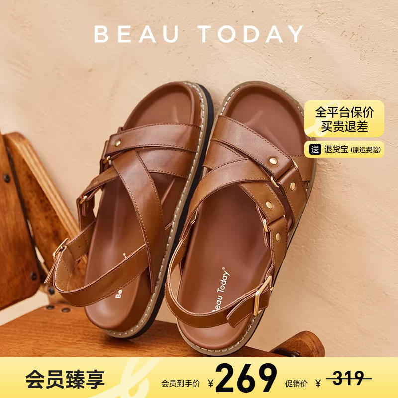 【清仓款】BeauToday罗马凉鞋女款真皮交叉带凉鞋女复古厚底凉鞋