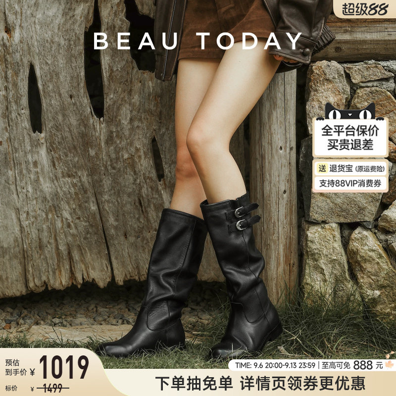 BeauToday真皮厚底中筒骑士靴										
