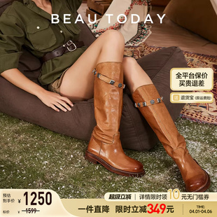 Beau today水洗马皮骑士靴女长筒靴高筒靴复古靴子女 明星同款