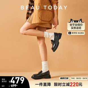 真皮单鞋 BeauToday爵士徽章厚底乐福鞋 夏季 女英伦风小皮鞋 新款
