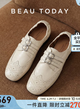 BeauToday白色乐福鞋女2026新款英伦风小皮鞋BT布洛克女鞋孟克鞋