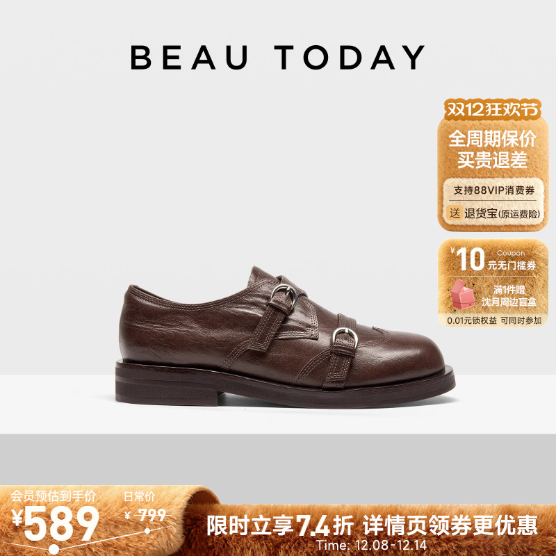 BeauToday粗跟孟克鞋英伦小皮鞋