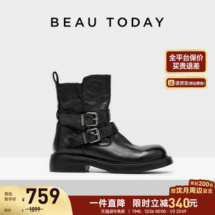 BeauToday厚底粗跟骑士靴女2025新款 英伦风马丁靴真皮短靴子 秋季