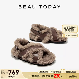 外穿加绒棉鞋 春夏季 女款 时装 凉鞋 一脚蹬拖鞋 BeauToday平底毛毛鞋