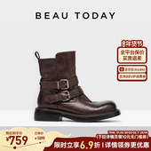 BeauToday英伦风短靴女款 春季 复古机车靴骑士靴棕色靴子马丁靴