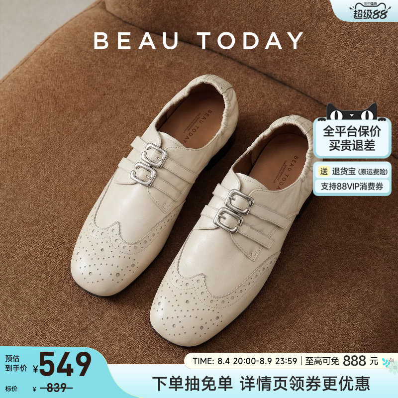 BeauToday白色乐福鞋女2026新款英伦风小皮鞋BT布洛克女鞋孟克鞋 - 实物图