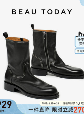 BeauToday真皮短筒靴女款BT粗跟短靴子夏季黑色靴子女靴时装靴