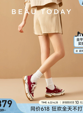 BeauToday红色厚底帆布鞋女款BT增高复古板鞋女运动休闲鞋厚底鞋