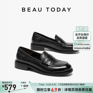 软底一脚蹬单鞋 真皮英伦风黑色小皮鞋 女春季 BeauToday厚底乐福鞋