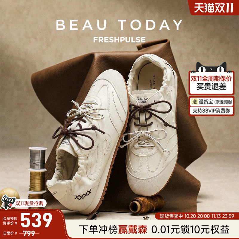 BeauToday德训鞋女款2026新款秋季休闲鞋小白鞋阿甘鞋羊皮单鞋女