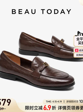 BeauToday乐福鞋女2026春季一脚蹬黑色英伦风小皮鞋平底浅口单鞋