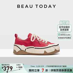 BeauToday厚底帆布鞋女款秋冬红色休闲鞋女增高运动鞋复古板鞋女