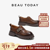 复古单鞋 BeauToday厚底乐福鞋 女真皮软底不累脚黑色英伦风小皮鞋