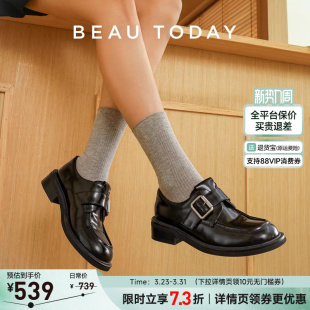 英伦风真皮单鞋 女黑色小皮鞋 BeauToday厚底乐福鞋 子 明星同款