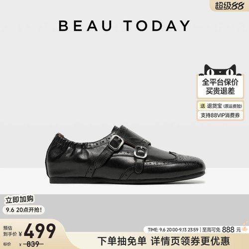 BeauToday羊皮乐福鞋布洛克女鞋