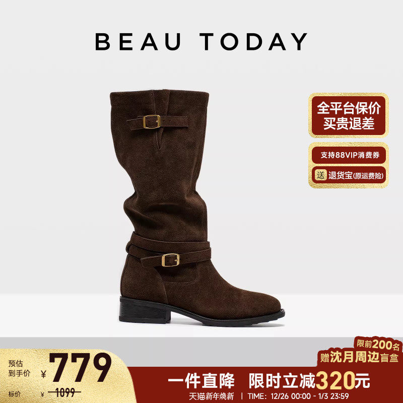 【弥野牧歌】BeauToday复古长筒靴女皮带扣高筒骑士靴真皮堆堆靴