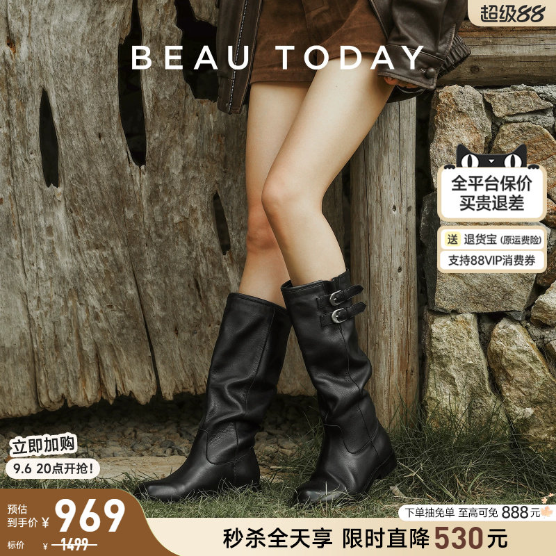 BeauToday真皮厚底中筒骑士靴图片