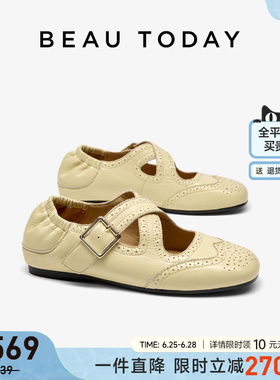 BeauToday白色玛丽珍鞋女2026新款夏季复古浅口单鞋羊皮布洛克鞋