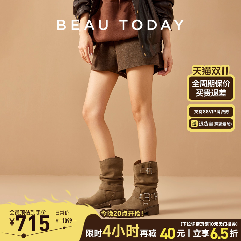 BeauToday复古西部牛仔靴真皮