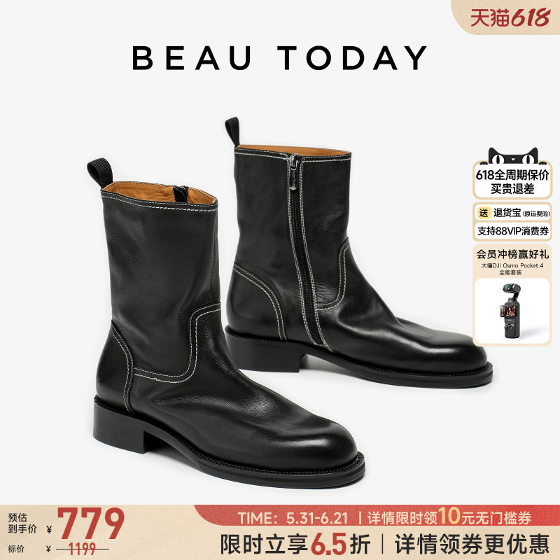 BeauToday真皮短筒靴女款BT粗跟短靴子夏季黑色靴子女靴时装靴