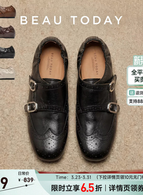 【新年首发】BeauToday皮鞋女款平底布洛克2026新款春红色乐福鞋