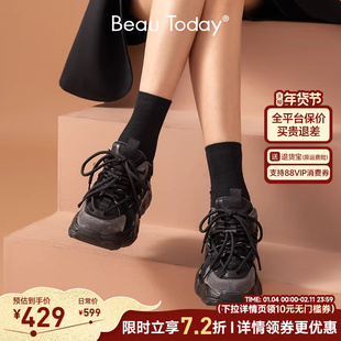 BeauToday显脚小黑色厚底老爹鞋女鞋休闲鞋运动鞋增高炸街百搭