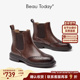 BeauToday厚底方头切尔西靴女款 真皮复古英伦风马丁靴短靴子女靴