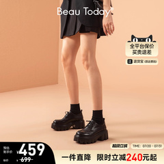 BeauToday厚底小皮鞋女英伦风乐福鞋松糕鞋真皮黑色单鞋增高鞋女