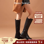 BeauToday黑色长筒靴女秋季 真皮骑士靴子英伦风BT平底不过膝长靴