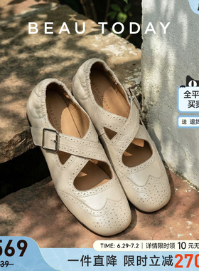 BeauToday浅口单鞋女2026新款白色玛丽珍鞋英伦小皮鞋布洛克女鞋