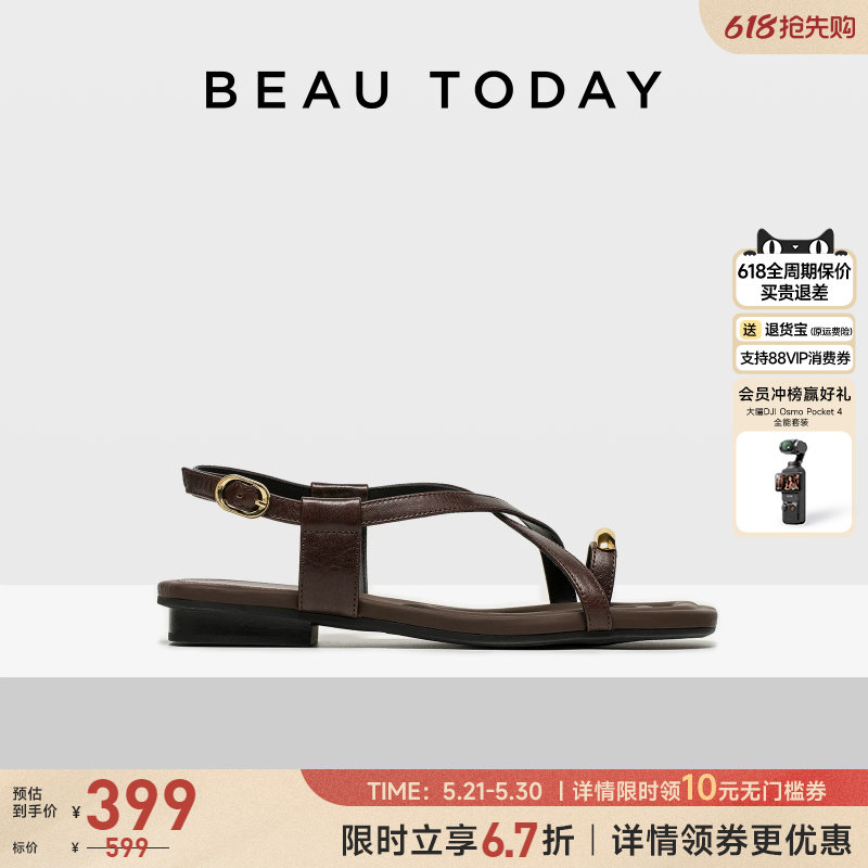 BeauToday平底时装凉鞋女夏季夹趾罗马凉鞋BT海边度假凉鞋女外穿
