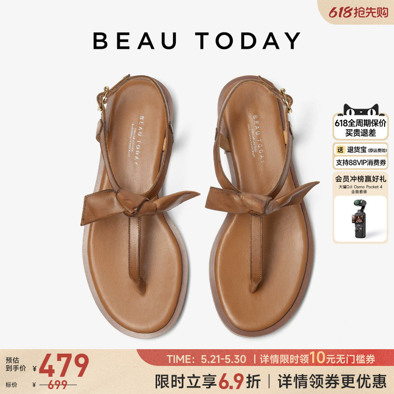 BeauToday凉鞋女款夏季夹脚凉鞋夹趾棕色罗马凉鞋女平底度假凉鞋