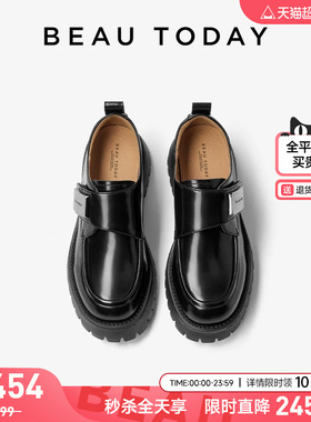 BeauToday黑色乐福鞋女款春增高真皮轻量英伦风小皮鞋厚底单鞋子