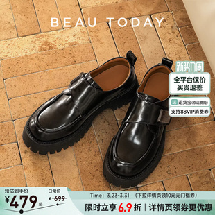 女春季 增高鞋 新款 黑色单鞋 真皮英伦风小皮鞋 BeauToday厚底乐福鞋