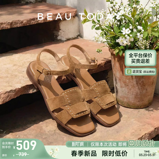 女款 一字带凉鞋 2026新款 沙滩鞋 女 平底真皮凉鞋 BeauToday罗马凉鞋