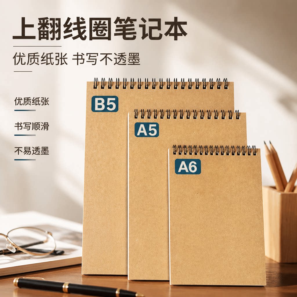 四方伙伴牛皮上翻线圈本加厚笔记本子随身记事本简约大学生考研横线方格网格本空白素描本美术手绘速写本