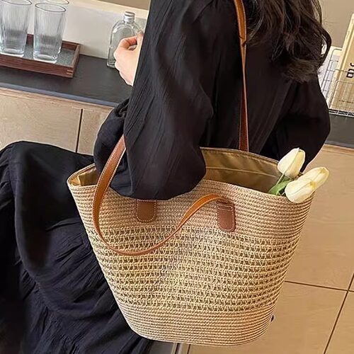 简约休闲纯色编织单肩包的容量女
