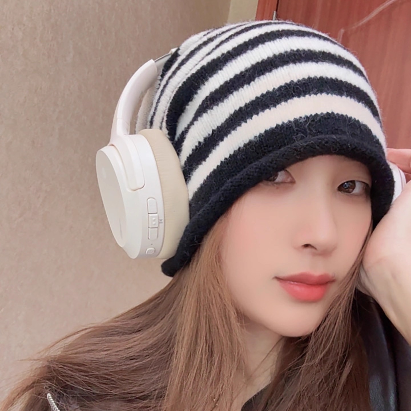 条纹针织毛线帽秋冬保暖