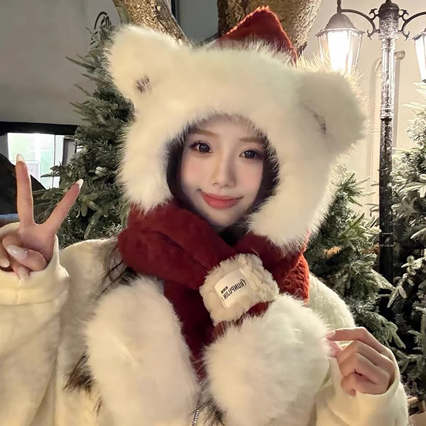 毛绒帽子围巾一体秋冬加厚保暖