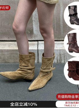 Orinous 2025新款V字合形绑带短靴尖头低跟麂皮靴子女时装靴