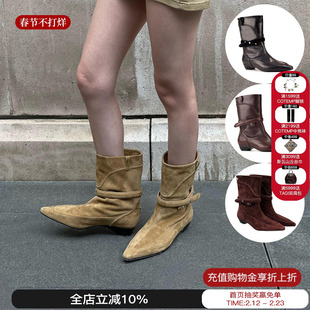 Orinous 2025新款V字合形绑带短靴尖头低跟麂皮靴子女时装靴