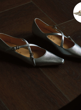 faytobe 26夏季新款复古交叉带银色玛丽珍鞋时尚尖头浅口单鞋