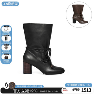 unfolio 26新款束带粗跟短靴复古系带靴子女M星店