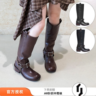 unfolio 26新款经典金属搭扣及膝靴圆头长靴厚底骑士靴百搭靴子女