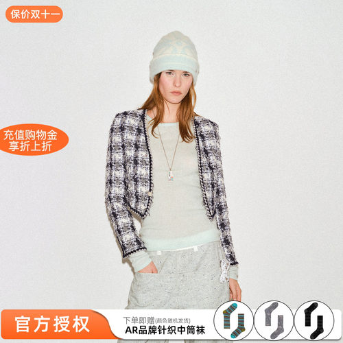 手工编织粗花呢v领落肩短外套